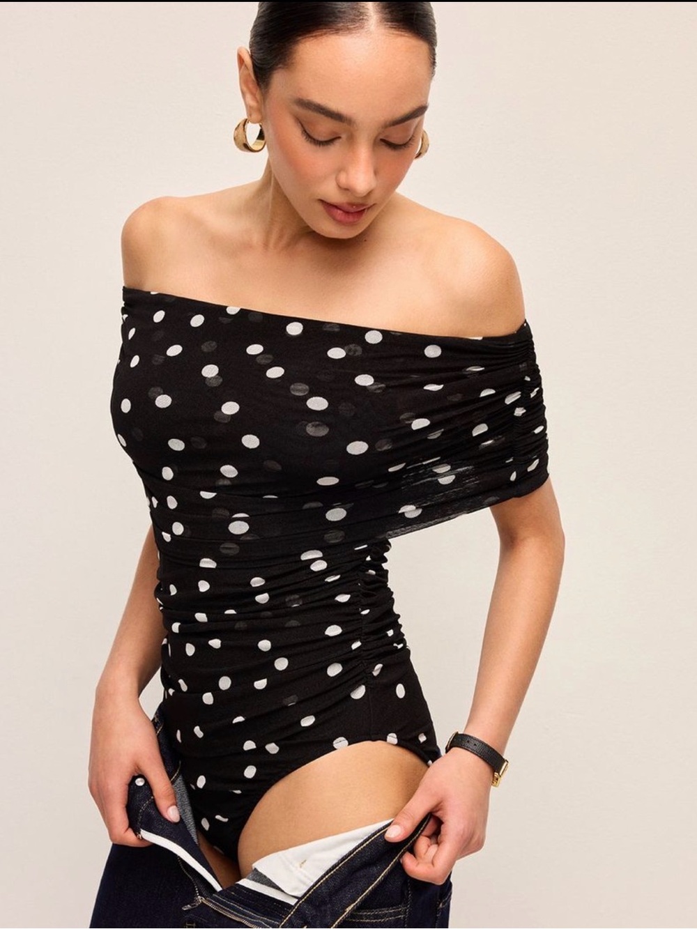 Commense Black Polka Dot Off-the-Shoulder Bodysuit - Picture 2 of 6
